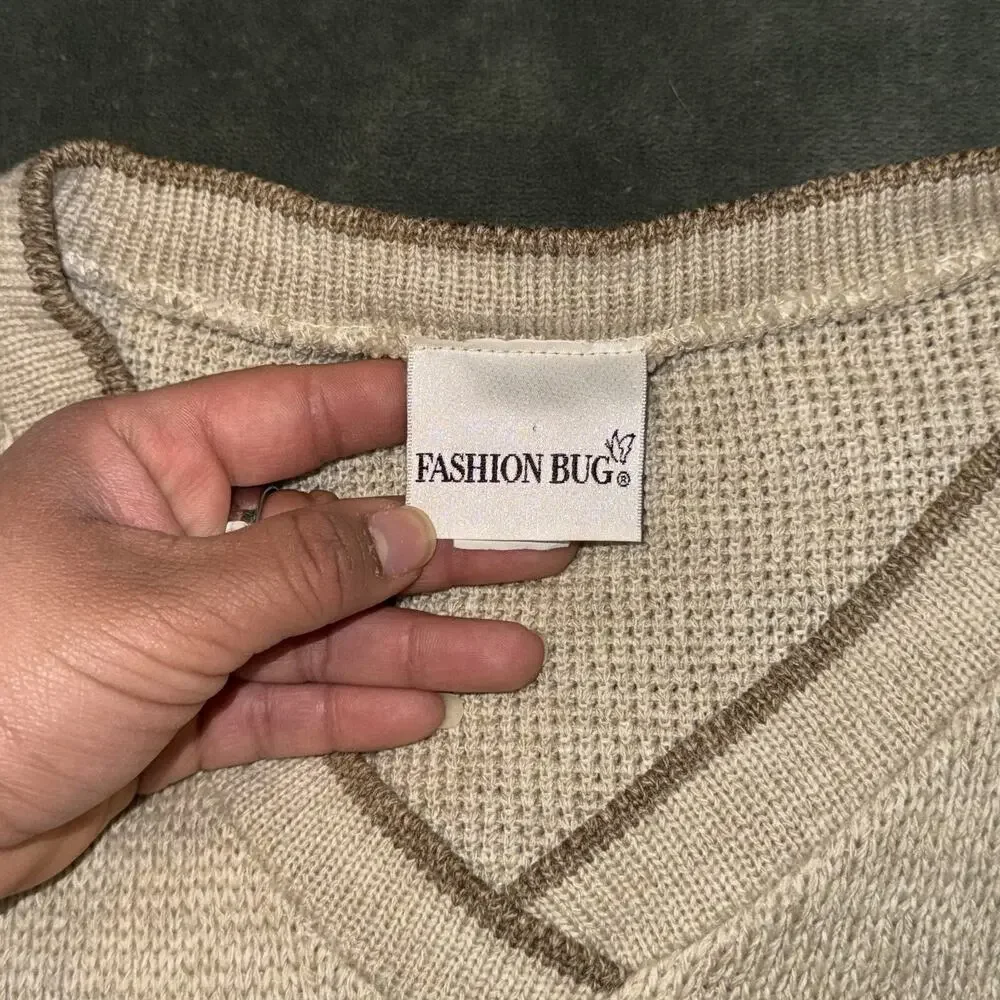 Vintage Fashion Bug Sweater Women's 26 Beige Brown Printed Knit Nordic Plus Size - Picture 5 of 7